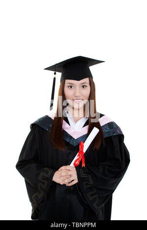 Une femme d'un diplôme de troisième cycle en robe. Banque D'Images