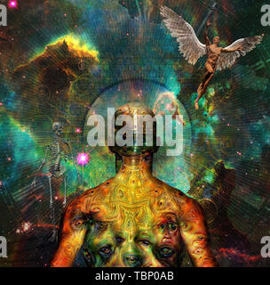 Le surréalisme. La figure de l'homme étrange avec des yeux démoniaques sur sa peau se tient devant des univers. Squelette symbolise la mort. L'homme avec des ailes symbolise l'ange Banque D'Images