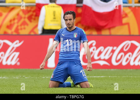 Gdynia, Pologne, 2e juin 2019:Luca Ranieri de l'Italie célèbre victoire après FIFA U-20 World Cup match entre l'Italie et la Pologne (série de 16) à Gdynia. (Score final 1:0 ; Italie Pologne ) Crédit : Tomasz Zasinski / Alamy Live News Banque D'Images