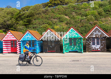 Bournemouth, Dorset, UK. 3 juin 2019. Cabines de plage obtenir un make-over et ajouter une touche de couleur le long de la promenade pour les visiteurs de se diriger vers le bord de mer à Bournemouth grâce à Jimmy's. Jimmy's Café Glacé offrir prêt à boire le café glacé britannique British tous faits avec du lait écrémé et demi de café Arabica provenant d'un point de vue éthique et du café certifié Rainforest Alliance. Les cabanes de plage reflètent les variétés disponibles dans Fat Free, original, de produits laitiers et de moka. Credit : Carolyn Jenkins/Alamy Live News Banque D'Images