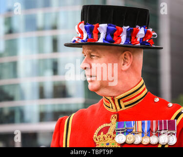 Londres, Royaume-Uni, le 03ème juin 2019. Un nageur de levures, communément appelé Beefeater, à la Tour. Un hommage à une arme ronde de 103 par l'honorable Artillerie Company à la HM Tower de Londres est tiré à midi. Les 103 tours sont les suivants : 41 pour marquer 66 ans depuis le couronnement de HM la Reine, 41 pour marquer la visite d’État du président des États-Unis et 21 pour la ville de Londres. Credit: Imagetraceur/Alamy Live News Banque D'Images