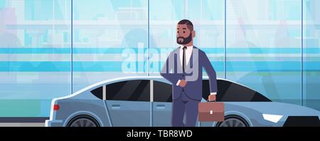 Man, voiture de luxe african american man in suit holding suitcase aller au travail business concept télévision horizontale portrait Illustration de Vecteur