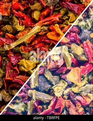 La texture des piments séchés et des graines (Chili Peppers, habanero, jalapeno, rawit, Birds Eye, piment chili thaï) Banque D'Images