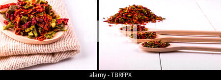 Ensemble de cuillère en bois remplis de piments séchés et de graines (Chili Peppers, habanero, jalapeno, rawit, Birds Eye, piment chili thaï) et des sacs sur un whi Banque D'Images