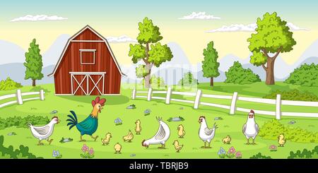 Caricature de poulets dans une ferme. Paysage d'été avec red house et clôture. Illustration de Vecteur