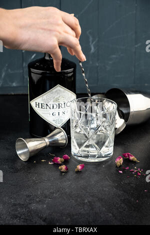 70 cl Bouteille Hendricks gin distillé avec du verre et de la glace sur fond rustique foncé. Allongé près de l'agitateur et malenikie roses roses. Banque D'Images