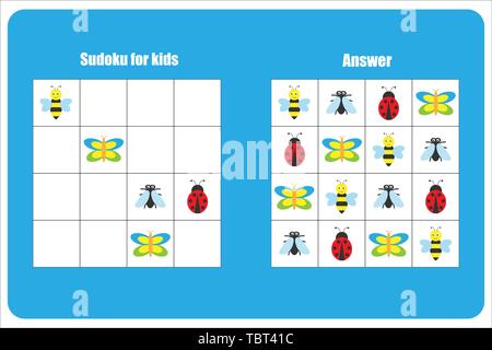 Jeu de Sudoku avec des insectes pour les enfants, niveau facile, de l'éducation game pour enfants d'âge préscolaire, de l'activité Feuille de tâche, pour le développement de la pensée logique Illustration de Vecteur