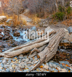 Square pont fait de tronc d'arbre sur une rocky creek avec l'eau peu profonde Banque D'Images