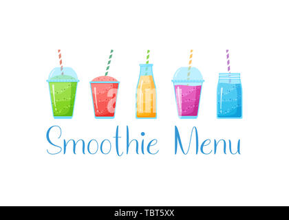 Smoothie aux fruits naturels logo arc-en-dessous. Sweet protein shake ou un cocktail juteux végétarien situé dans la cuvette en verre avec paille isolé sur fond blanc pour les médias sociaux smoothie banner Banque D'Images