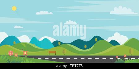 Parlons Nature main street ville avec de l'herbe avant-plan.parc public avec banc et petites collines et le fond de ciel.Une nature magnifique scène avec arbres et h Illustration de Vecteur