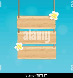 Blank hanging wooden sign avec fleurs de frangipanier sur fond bleu illustration vecteur EPS10 Illustration de Vecteur