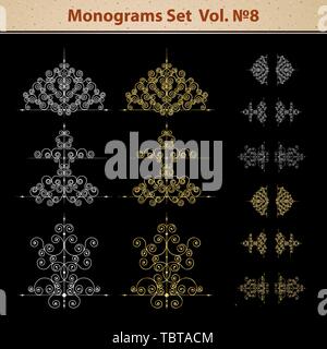 Ensemble d'éléments de décoration page vecteur ou monogrammes. Peut être utilisé pour la conception de livres, cartes, menus, publicités, tattoo etc. Illustration de Vecteur
