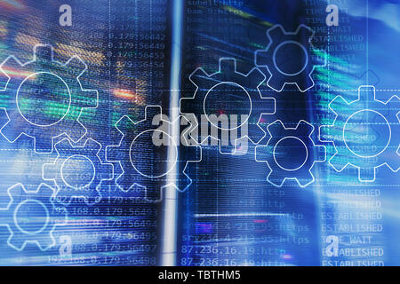 Mécanisme d'engrenages, la transformation numérique, l'intégration des données et la technologie numérique concept. Banque D'Images