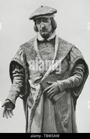 Juan Luis Vives (1492-1540). Humanista, filósofo y pedagogo español. La gravure a partir de una estatua por realzada sous Aixlinux José (1844-1920), y en erigida el patio de la Universidad de Valencia. La llustración Española y Americana, 22 de Marzo de 1882. Banque D'Images