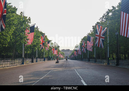 Le centre commercial et paré de drapeaux lors d'une visite d'Etat de trois jours par le Président Donald Trump à la Grande-Bretagne. Banque D'Images