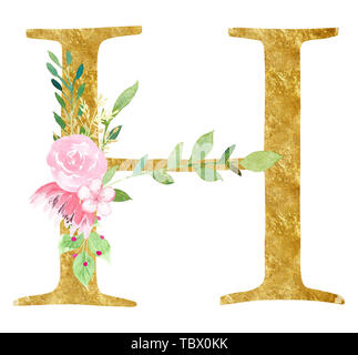 Lettre H avec des fleurs roses illustration raster. Signe de l'alphabet latin avec fleur élégante de l'aquarelle. Consonne initiale floral avec de l'or textu Banque D'Images