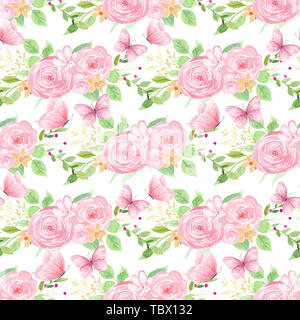 Fleurs et papillons rose motif transparent Banque D'Images