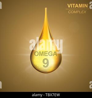 Oméga-9 Vitamine shining gold drop de l'icône . Complexe de vitamines background Illustration de Vecteur