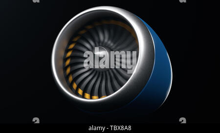 Moteur à réaction, close-up view lames. Aux extrémités des lames moteur peint en orange. Moteur d'avion en mouvement, isolé sur fond noir. Une partie de l'avion Banque D'Images