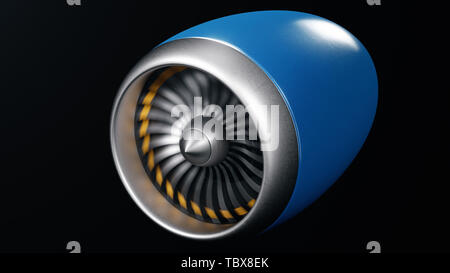 Moteur à réaction, close-up view lames. Aux extrémités des lames moteur peint en orange. Moteur d'avion en mouvement, isolé sur fond noir. Une partie de l'avion Banque D'Images