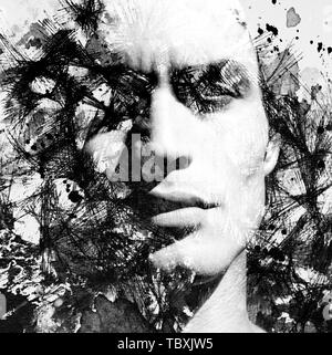 Paintography. L'exposition double portrait d'un jeune homme et de peintures sombres accentuant son ombre Banque D'Images