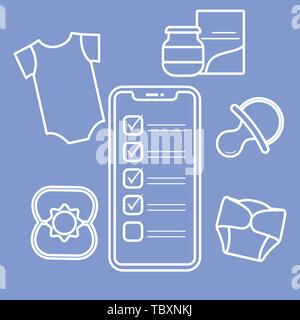 Vector illustration avec le smartphone à l'aide de bébé, accessoires. Body, aliments pour bébé, couches, peut-mamelon, bat. Les achats en ligne. Illustration de Vecteur