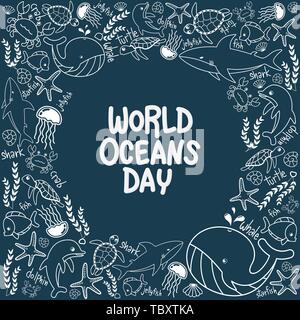 La Journée mondiale des océans. contours vecteur de la vie marine dans l'océan avec style doodle pour la célébration dédiée à aider à protéger et préserver les océans du monde, w Illustration de Vecteur