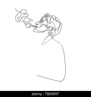 Une ligne continue de la fumée de cigarette d'exhaler l'homme. Art Illustration de Vecteur