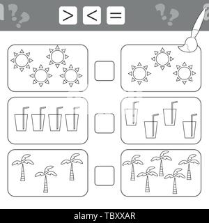 L'apprentissage des mathématiques, des chiffres - choisissez plus, inférieur ou égal. Pour les enfants, les tâches de calcul pour les enfants. Comptez le nombre de points d'été - Coloring Book Illustration de Vecteur