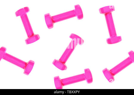 Haltère rose sur fond blanc avec copie espace, isolé. Mise en page créative pour l'équipement de conditionnement physique sport concept. Un style minimaliste, télévision lay, haut Banque D'Images