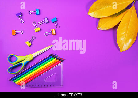 Retour à l'école contexte avec crayons de couleur, règle, ciseaux, carrés de papier de couleur jaune et clips autimn feuilles sur fond violet. Banque D'Images