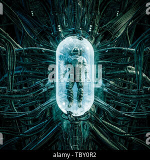 L'astronaute pod / 3D illustration de la science-fiction scène montrant l'astronaute coincé à l'intérieur futuriste creepy complexes machines médicales exotiques Banque D'Images