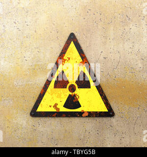 Panneau d'avertissement du site nucléaire, sign sur un mur. Indication de la présence d'une zone radioactive, 3D render. Les armes nucléaires. Site dangereux Banque D'Images