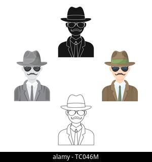 L'homme en costume chapeau imperméable et des lunettes. Le détective détective.infiltration seule icône dans la caricature,black style vector illustration web stock symbol. Illustration de Vecteur