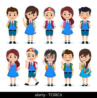 Caractères étudiant vector set. Personnages de dessins animés pour enfants de l'école portant l'uniforme scolaire avec diverses poses et les gestes de l'éducation conception connexes Illustration de Vecteur