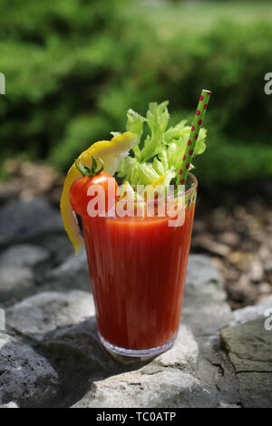 Cocktail Bloody Mary avec un tube vert sur le parapet de pierre, faite de pur jus de tomate fait maison avec le céleri, citron, vodka et tabasco. Banque D'Images