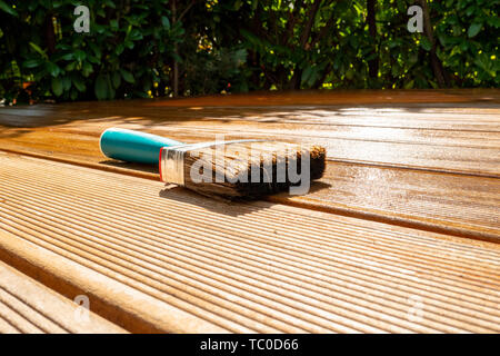 Un pinceau se trouve sur une terrasse en bois fraîchement peint avec un lustre au soleil Banque D'Images