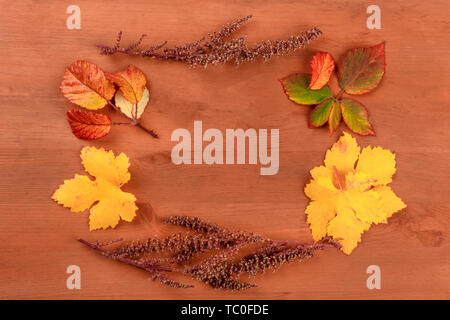 Un résumé automne fond avec copie espace. Un cadre de la ville animée de feuilles d'automne sur une texture rustique en bois foncé avec une place pour le texte Banque D'Images