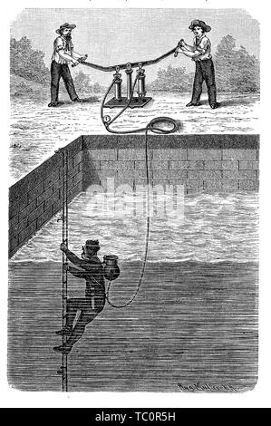 Plongeur avec scaphandre teste le matériel de régulation de l'air dans une piscine avec l'aide de deux ouvriers, gravure du xixe siècle Banque D'Images