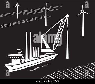 Crane ship buildIng le parc éolien dans la mer - vector illustration Illustration de Vecteur