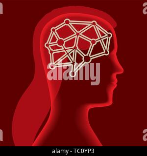 Vector illustration. L'icône du cerveau sur une silhouette de la tête d'une femme douce en rouge. Illustration de Vecteur