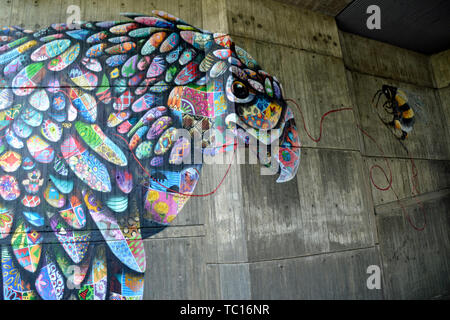 Aigle des murs en 'Wild' par Louis Hotel Nehrin, peint en 2018 pour célébrer l'existence de manga de programme de conservation. Peinture murale au Zoo de Londres, UK Banque D'Images