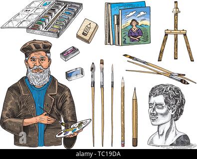 Outils et matériaux de l'artiste pour le dessin dans l'art de beauté. Chevalet, peintures, peintures, pinceaux, crayons. Les créateurs de l'artisanat. Équipements en Doodle Illustration de Vecteur