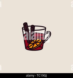 L'icône de la ligne du vin dans le verre avec de la cannelle et d'orange. Illustration Vecteur de vin chaud dans une tasse avec des épices et d'agrumes. Illustration de Vecteur
