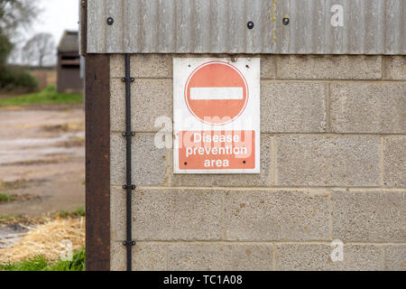 Pas d'entrée zone prévention maladies signe sur l'unité intérieure piggery, Sutton, Suffolk, Angleterre, RU Banque D'Images