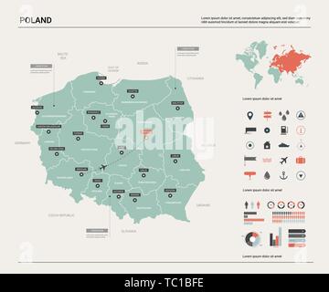 Carte vectorielle de la Pologne. Carte pays avec la division, les villes et le capital de Varsovie. Une carte politique, carte du monde, les éléments de l'infographie. Illustration de Vecteur