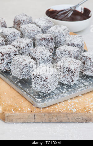 Des gâteaux de Lamington. Gâteau d'Australie. Gâteau éponge coupé en cubes enrobés d'une couche de sauce au chocolat et roulé dans la noix de coco desséchée Banque D'Images