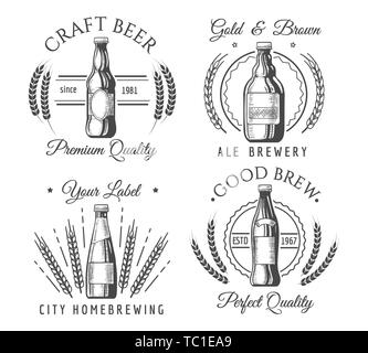 La bière artisanale artisanale des étiquettes. Boissons à la main malveillante icônes, vector ale bière bouteille, boissons logo original badges vintage graphiques fait main Illustration de Vecteur