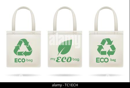 Shopping ecobags icônes vectorielles. Sacs à main Eco pour le shopping, la mode verte toile organique sacs recyclés isolé sur fond blanc Illustration de Vecteur