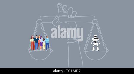 Main tenant balance humain contre la concurrence de l'intelligence artificielle robot concept technologie numérique horizontal doodle croquis Illustration de Vecteur